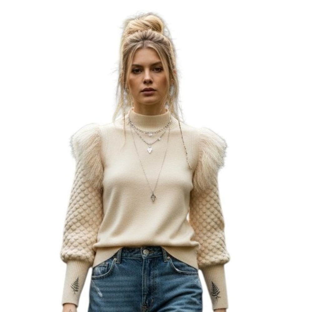 Anthropologie DOLAN Fringed Textured Womens size Medium Ivory Preppy Sweater